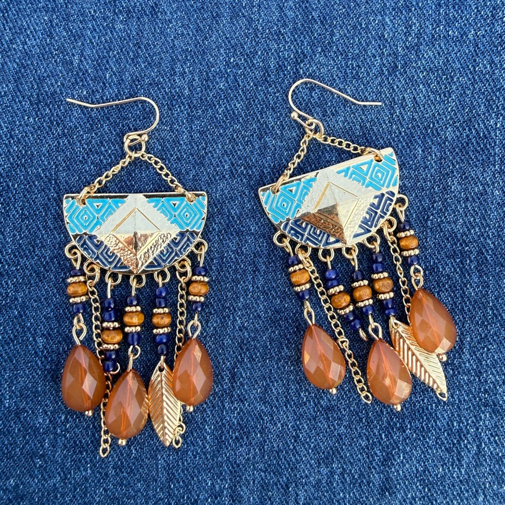 Blue and Gold Tassel Earrings